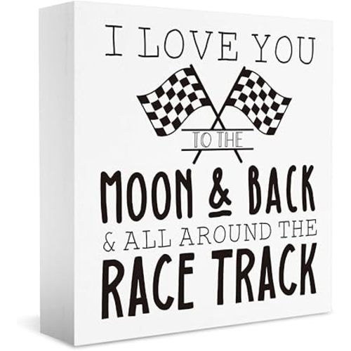 Funny Car Themed Room Decor, I Love You To the Moon And Back Sign, Racing Checkered Decor, Home Office Desk Decor Gifts for Racing Fans 5 X 5 Inch