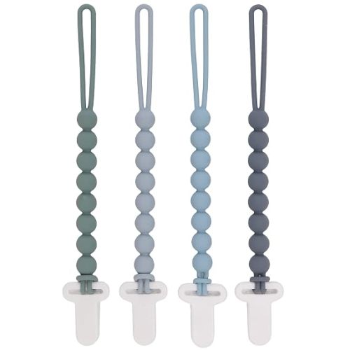 4-Pack Silicone Pacifier Clips with One-Piece Beads for Baby Boys and Girls - Flexible and Rust-Free Holders for Teething Relief and Baby Essentials, Safe for Newborns (Grey)