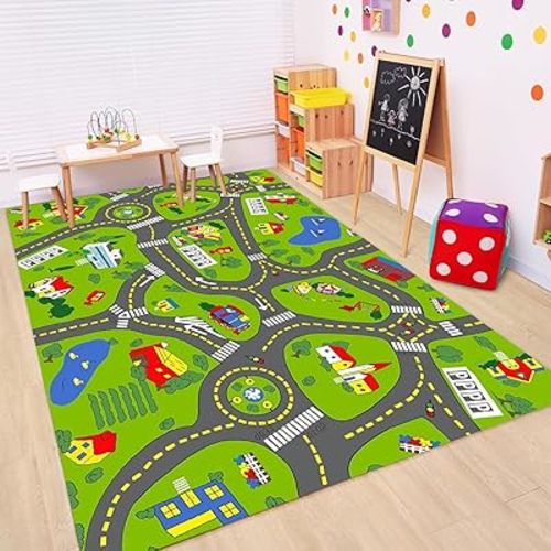 Non-Slip Town City Road Map Playmat for Boys, Perfect for Playroom and Bedroom, Car Track Mat - 4'11" x 3'3"(Rectangular)