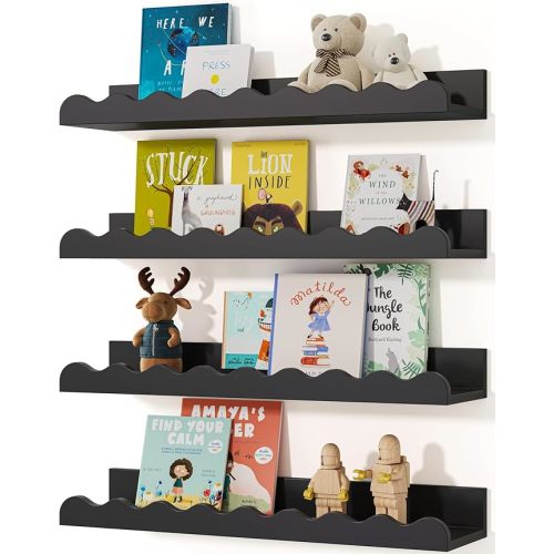 Seocry Kids' Bookshelf Set of 4 - Black Floating Nursery Book Shelves, Picture Ledge Shelf for Wall Decor and Storage - Perfect for Books, Toys, Photo Frames, and Nursery Décor