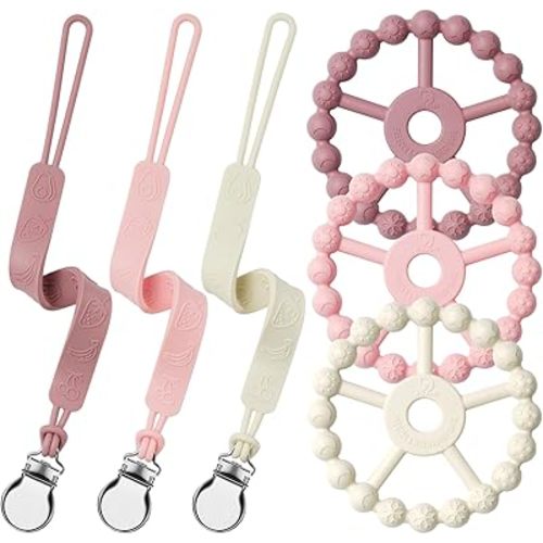 Silicone Ring Teether and Pacifier Clip, Seposeve Pack of 3 Baby Pacifier Teether Clip for Babies 0-6 Months, Teething Ring Toys, Keeps Teethers Clean, 6-12 Months 12-24 Months, Purple Pink White