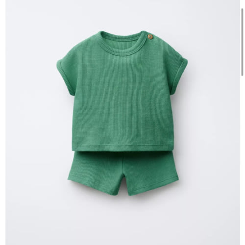 PLAIN WAFFLE T-SHIRT AND BERMUDA SET - Green | ZARA United States