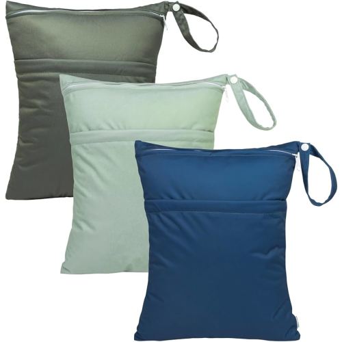babygoal Wet Dry Bags for Baby Cloth Diapers 3 Pack, Washable Travel Bags, Beach, Pool, Gym Bag for Swimsuits & Wet Clothes with Two Pockets, Snap Handle 3LN32