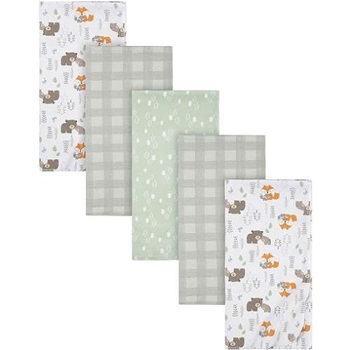 Gerber Boys Newborn Infant Baby Toddler Nursery 100% Cotton Flannel Receiving Swaddle Blanket, Woodland White,5 Count (Pack of 1)