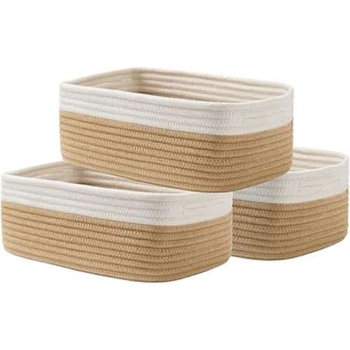 Small Woven Basket, 12 x 8 x 4.5 Inches, Storage Basket for Organizing, Cute Small Rope Shelf Closet Cube Storage Bins Baskets for Shelves, Dog Toy Gift Baskets Empty, 3 Pack White & Brown