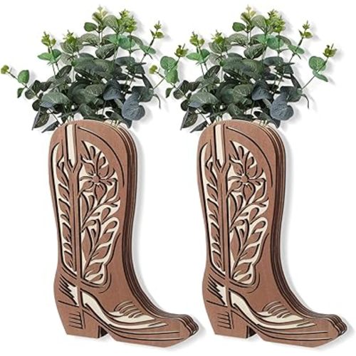 Havawish 2 Pcs Wood Cowboy Boots Wall Planter for Indoor Plants 12 x 8'' Cowboy Boot Flower Vase Hanging Pocket Vases for Flower Faux Greenery Wood Wall Decor for Bathroom Bedroom (Vivid Retro)