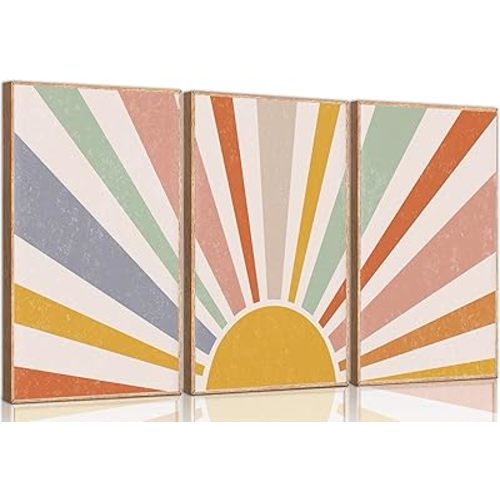 3 Pieces Nursery Boho Canvas Wall Art Rainbow Sun Rising on the Horizon Geometric Nature Illustration Line Pictures Wall Decor Posters Prints for Toddler Kids Room Home Decoration Unframed