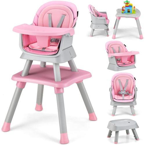 HONEY JOY 8 in 1 Baby High Chair, Convertible Highchair for Babies and Toddlers/Table and Chair Set/Building Block Table/Booster Seat/Stool/Toddler Chair with Safety Harness (Pink)