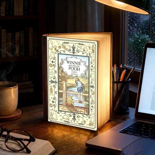 Winnie the Pooh Book Lamp, Christopher Robin Poohsticks Bridge Nightlight, Vintage AA Milne Wooden Folding Light, Disney Nursery Room Decor