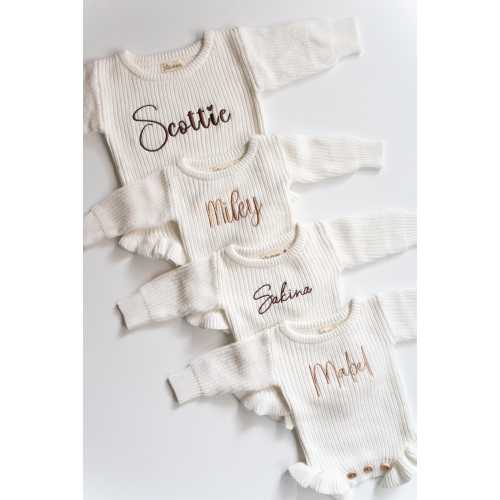 Machine Embroidered White Ruffle Long Sleeve Romper - Custom Knit Romper, Embroidered Sweater Romper, Baby Gift, Birth Announcement