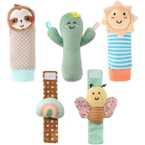 The Peanutshell Sock Rattles Set of 5 - Girl Boy Rattle Socks, Baby Toys 0-6-12 Month, Animal Newborn High Contrast Baby, Infant, New Born Toys 0-3 0-6 Months Old Babies - Boho