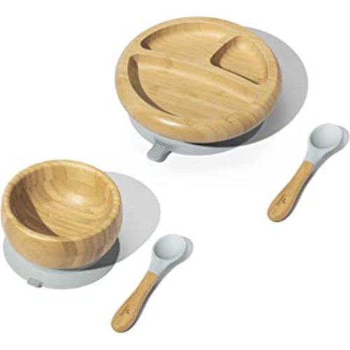 Avanchy Bamboo Baby Plate, Bowl & Spoons Set - Baby Cutlery - Bamboo Kids Bowl - BPA Free Bowl - Bamboo Kids Utensils - Bamboo Kids Bowl (Gray Essentials)