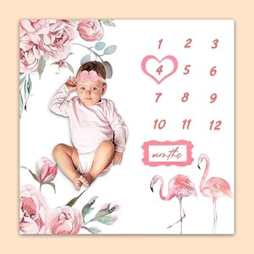 Baby Monthly Milestone Blanket, Pink Flamingo Floral Growth Chart Blanket for Baby Pictures, 47"x47" New Born Photography Backdrop 1 to 12 Months Include 4 Frames, 1 Headband, BTXTPH74