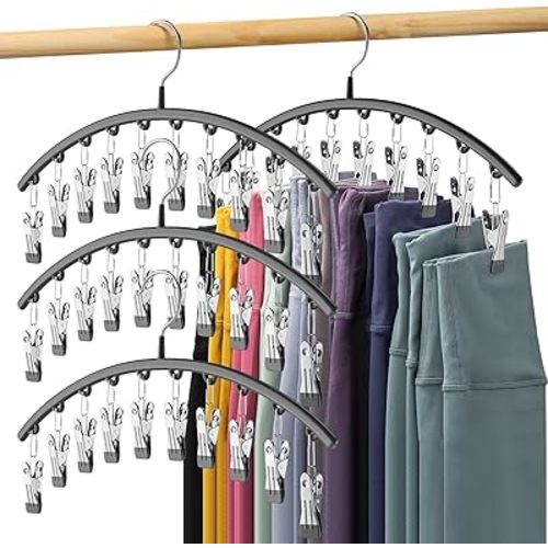 Legging Organizer for Closet, Metal Yoga Pants Hangers 4 Pack w/10 Clips Holds 40 Leggings, Space Saving Hanging Closet Organizer w/Rubber Coated Closet Organizers and Storage, Black