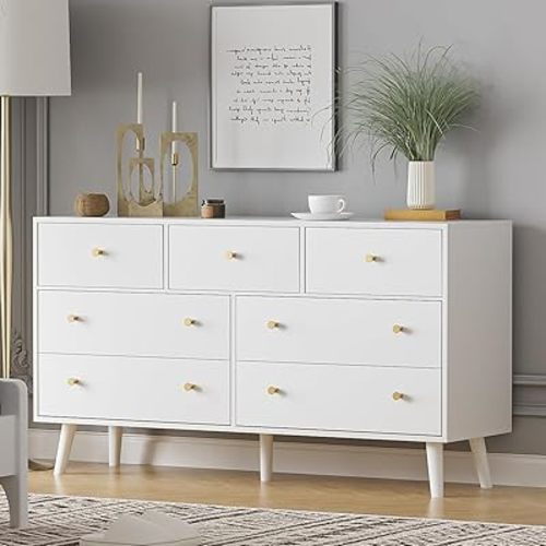 7 Drawers Dresser for Bedroom, 55'' Dressers & Chests of Drawers with Gold Handles and 7 Large Drawer, Modern Double Wooden Storage Organizer Cabinet, Hallway, White