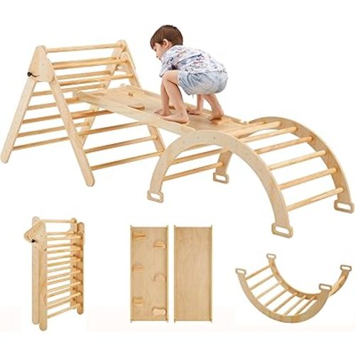 Pikler Triangle Set, 5 in 1 Montessori Climbing Set, Wooden Pikler Climbing Set Indoor Jungle Gym for Kids Ages 1-3, Arch and Foldable Climbing Pikler Triangle, Climbing Toys