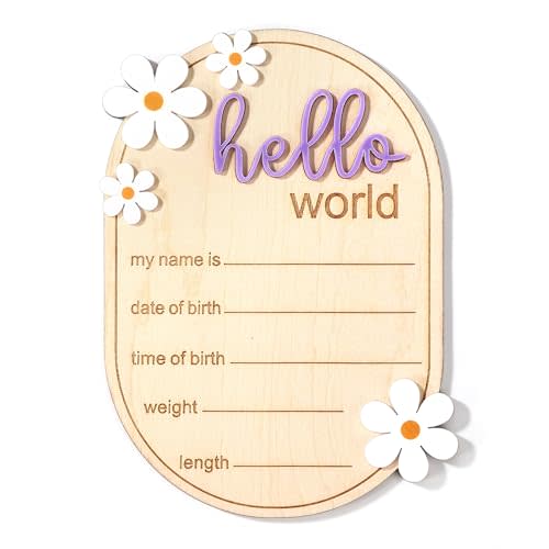 NQEUEPN Newborn Announcement Sign, 5.9in Wooden Hello World Baby Welcome Sign Birth Plaques for Newborn Girls Boys Photo Props Baby Shower Hospital Nursery(Purple)
