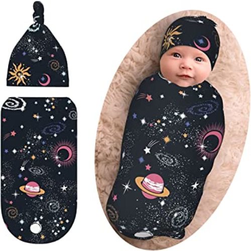 Space Galaxy Newborn Swaddle Blanket with Beanie Set, Soft and Stretchy Baby Blanket Swaddle Sack for Boy and Girl