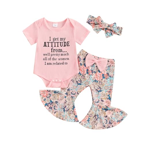 Engofs Newborn Baby Girl Clothes Short Sleeve Romper Flare Pants Headband Set 3Pcs Infant Summer Outfit 0 3 6 12 18 Months