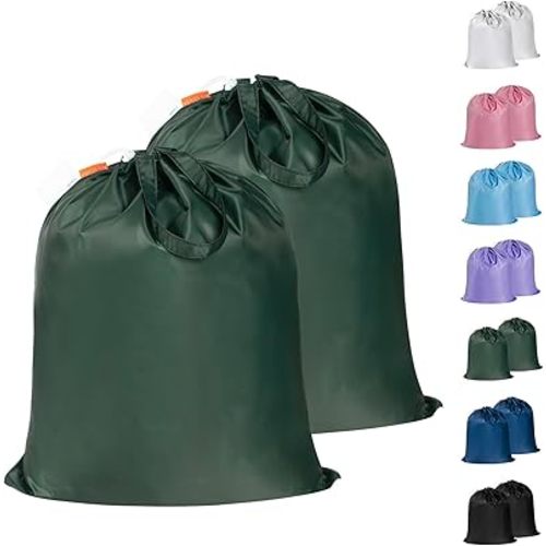 Polecasa Small Heavy Duty Laundry Bag with 130gsm Tear Resistant Fabric and Handles, Easy to Carry Durable Dirty Clothes Drawstring Bag, Perfect for College Dorm, Travel 2 Pack 21”x24”, Green