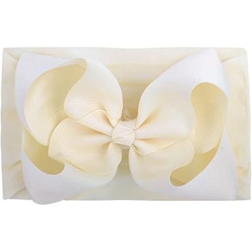 2 Pack Baby Big Bows Headbands,Soft Stretchy Nylon Headbands Hairbands Hair Accessories for Baby Girls Newborn Infant Toddler Kids (White&Ivory)