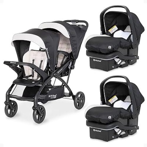 Baby Trend Sit N' Stand Tandem Double Stroller w/ 2 Pack EZ-Lift Plus Infant Car Seats, Khaki