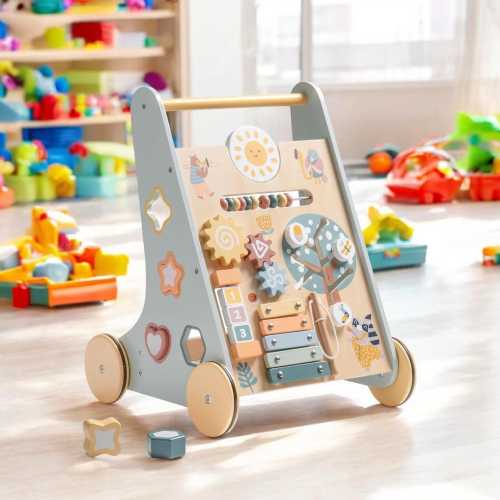 Montessori Baby Push & Pull Walker Learning Toy, Wood Kids Busy Board Sensory Toy, Baby Storage Activity Cart Center