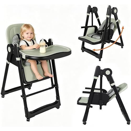 Foldable Baby High Chair with 150° Swing & Recline, Dark Green