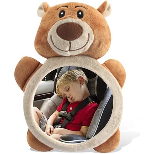 Rear Facing Baby Car Mirror, Plush Cute Wide View Vehicle Backseat Viewer, Shake-proof Baby in Sight Carseat Mirrors, Cartoon Animal Shatterproof Safety Observation Rearview Mirror (Bear)