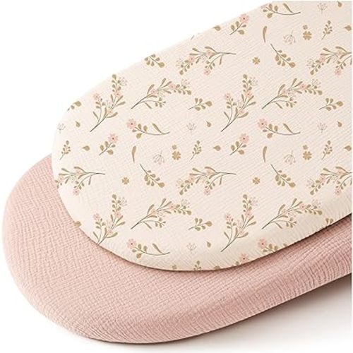 Konssy 2 Pack Muslin Fitted Bassinet Sheets for Baby Girl Boy, Soft Breathable Baby Bassinet Sheets Fit for Baby Bassinets, Cradle, Moses Basket Oval Rectangle Pad/Mattress (Floral, Pink)