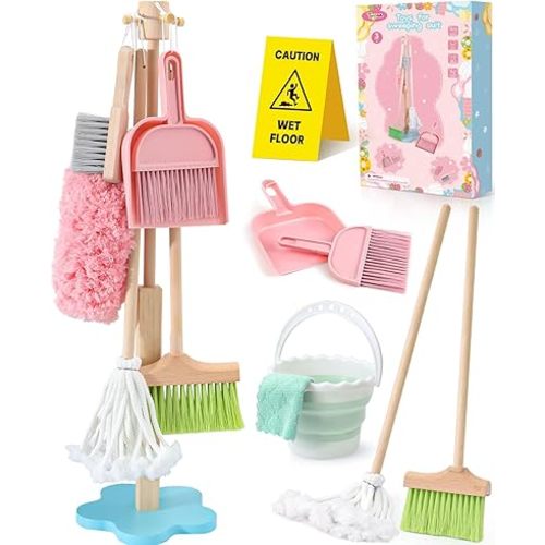 Lonico Wooden Kids Cleaning Toy Set for Toddlers Mop Broom and Dustpan Set, 12 Pcs Detachable Housekeeping Playset with Bucket Duster Brushes Pretend Play Cleaning Toys Gift for Boy Girl Age 3 4 5 6