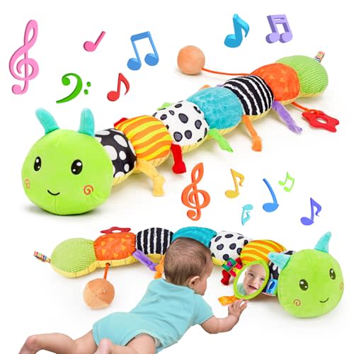 Baby Sensory Toy 0-6 Month Music Animal Stuffed Plush Caterpillar Toy for Infant 0-3-6 Month Tummy Time with Baby Mirror Crinkle Rattle for 6-12 Month Carseat Toy for Newborn Boys Girls Shower Gifts