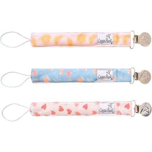 Copper Pearl Pacifier Clip 3-Pack: Premium Knit Binky Clips for Baby Girls and Boys - Stylish Stainless Steel Pacifier Holder Clip - Baby Pacifier Clips for No More Floor Drops - Clementine