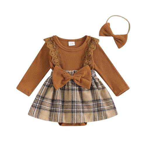 Sasaerucure Infant Baby Girl Fall Winter Clothes Ruffle Plaid Romper Dress Newborn Long Sleeve Knitted Onesie Tutu + Headband