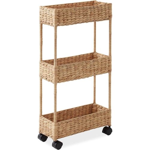 Casafield 3-Tier Slim Rolling Storage Cart - Natural, Water Hyacinth Utility Cart for Bathroom, Craft Room, Nursery, Laundry Room Organization
