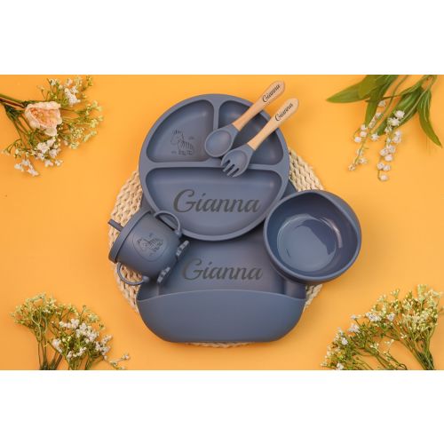 Personalized Silicone Baby Weaning Set, Engraved Silicone Bib, Cartoon Weaning Set for Toddler Baby Kids, Feeding Set with Name