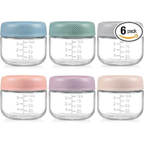 NETANY 6 Pack 4 oz Glass Baby jars with Airtight Lids, Glass Baby Food Storage Containers,Overnight Oats Containers with Lids | Microwave, Dishwasher & Freezer Safe | Includes 10 Labels