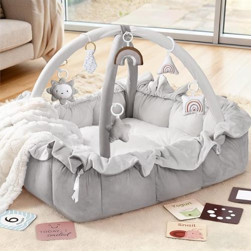Mallify 5-in-1 Plush Baby Play Gym, Baby Play Mat, Convertible Baby Gym with Blanket and 6 Toys, Tummy time mat, Baby Activity Center from Newborn to Toddler, Baby Gym, Baby Newborn Essentials, Grey