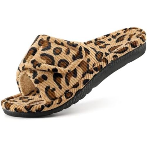 Litfun Orthopedic Slippers for Women Arch Support Indoor House Slippers Adjustable Open Toe Corduroy Bedroom Shoes with Memory Foam for Plantar Fasciitis