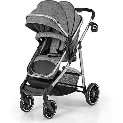 HONEY JOY 2 in 1 Convertible Baby Stroller, Folding High Landscape Infant Bassinet Stroller w/Reversible Seat, Removable Foot Cover, Adjustable Backrest & Canopy, Toddler Pushchair for Newborn (Gray)