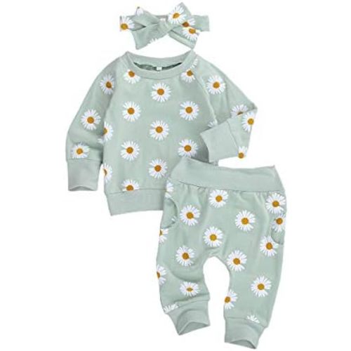 3Pcs Baby Girl Outfits Daisy Sweatshirt + Pants + Headband Infant Fall Winter Clothes