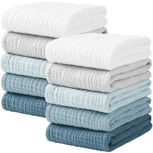 Konssy 10-Pack Muslin Baby Burp Cloths Sets for Baby Girls and Boys, 100% Cotton Soft & Absorbent Burp Rags for Newborn & Infant