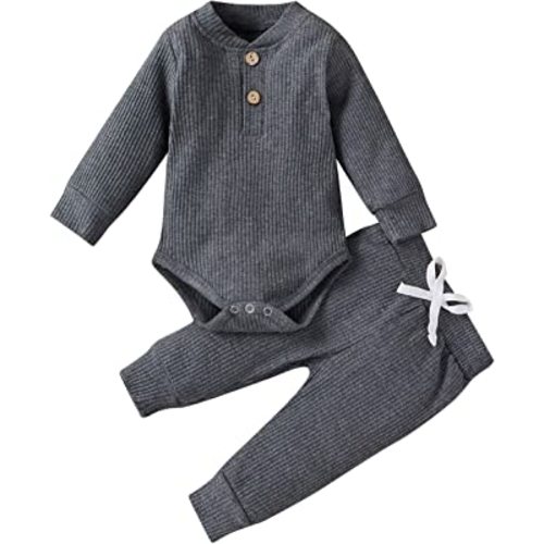 CIYCUIT Newborn Baby Boy Outfits Long Sleeve Solid Color Ribbed Knitted Romper Pants 2Pcs Gender Neutral Baby Clothes