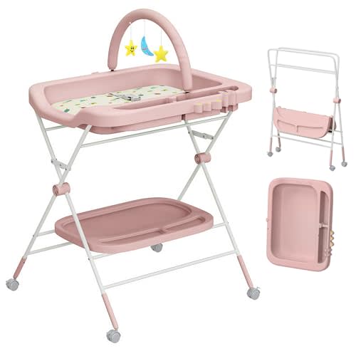 UBRAVOO Baby Portable Diaper Changing Table, Folding Diaper Changing Station with Wheels, Adjustable Height Diaper Station with Nursery Organizer & Storage Rack for Newborn Baby and Infant (Pink)
