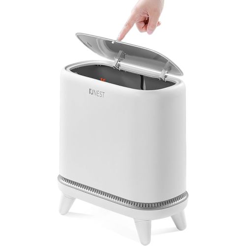 funest Bathroom Trash Can, 3.3 Gallon Slim Trash Can with Lid, Adsorption Garbage Can with Press-Top Lid, White Narrow Plastic Waste Basket with Bottom Legs for Bathroom, Office, Bedroom
