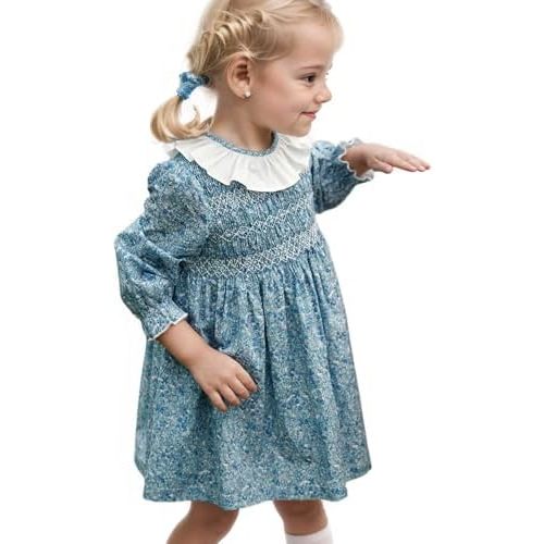 Twoflower Girls Vintage Autumn Long Sleeve Smocking Clothing Kids Toddler Hand Embroidery Floral Fully Smocked Dresses