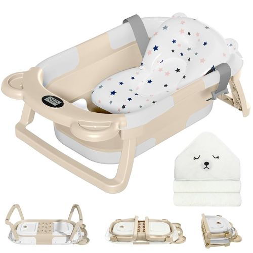 MoreFeel Collapsible Baby Bathtub for Newborn with Thermometer & 1 Hooded Towel & 1 Soft Floating Cushion