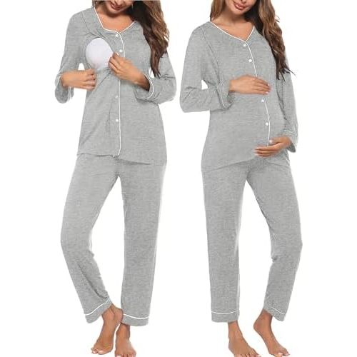 Ekouaer Maternity Pajama Set Button Down Nursing Pajamas Long Sleeve Breastfeeding Loungewear with Adjustable Pants