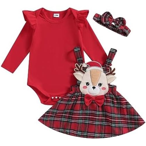 Christmas Baby Girl Outfit Newborn Cute Elk Fly Sleeve Romper Overall Dress Infant Girls Fall Winter Skirt Set