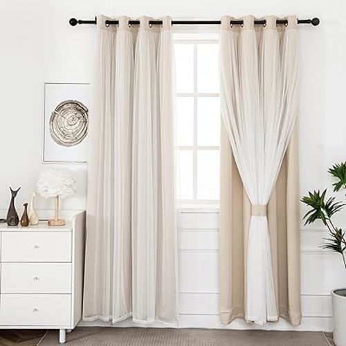 INLINAS Beige Blackout Curtains with Sheer Overlay - Grommet Top Thermal and Noise Reduction Panels for Bedroom and Living Room Light Blocking and Energy Saving, 52 x 84 Inches, Set of 2